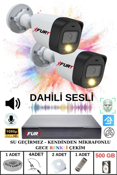 FURY 2 li Sesli Gece Renkli Görüş Güvenlik Kamerası Su Geçirmez Güvenlik Kamerası Seti 500GB ürün görseli 1