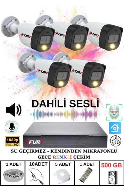 FURY 5 li Sesli Gece Renkli Görüş Güvenlik Kamerası Su Geçirmez Güvenlik Kamerası Seti 500GB ürün görseli 1