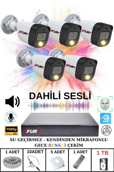 FURY 5 li Sesli Gece Renkli Görüş Güvenlik Kamerası Su Geçirmez Güvenlik Kamerası Seti 1TB ürün görseli 1