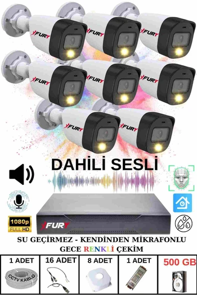 FURY 8 li Sesli Gece Renkli Görüş Güvenlik Kamerası Su Geçirmez Güvenlik Kamerası Seti 500GB ürün görseli 1