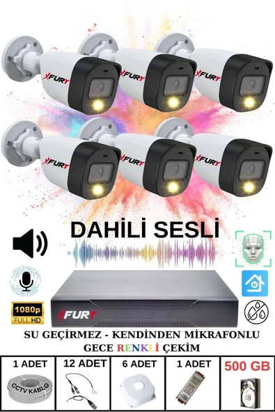 FURY 6 lı Sesli Gece Renkli Görüş Güvenlik Kamerası Su Geçirmez Güvenlik Kamerası Seti 500GB ürün görseli 1