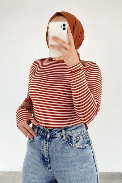 Yarım Balıkçı Yaka Çizgi Desenli Body Kiremit ürün görseli 1
