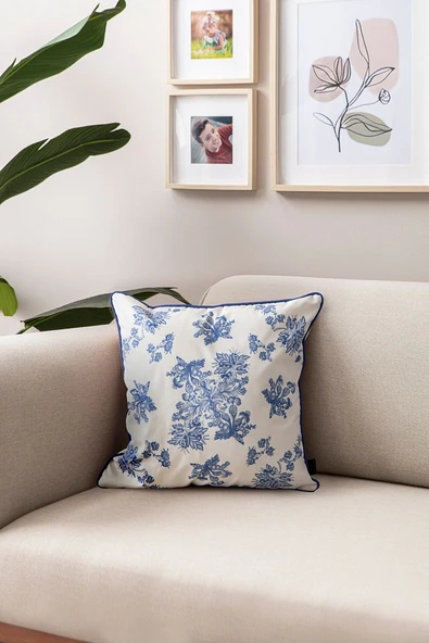 Elysian Blue Özel Tasarım Biyeli Kırlent Kılıfı, Dekoratif Mavi Kırlent Kılıfı 43x43cm ürün görseli 1