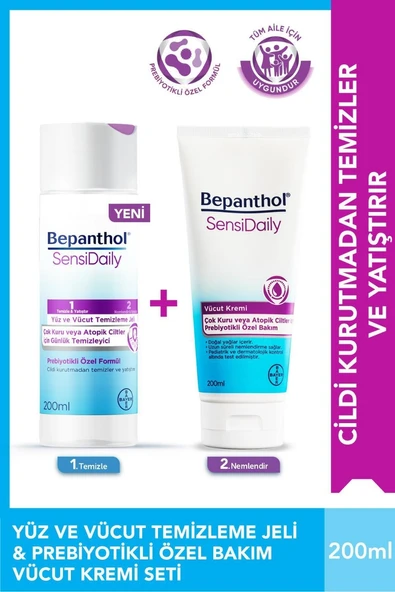 Bepanthol SensiDaily Vücut Bakım Kremi 200 ml + Yüz ve Vücut Temizleme Jeli 200 ml ürün görseli 1