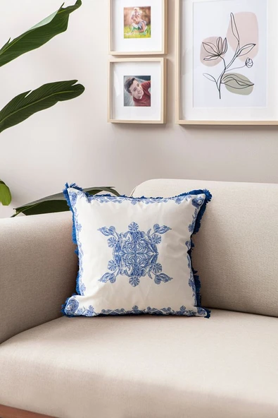 Azure Blue Premium Seri Saçaklı Özel Tasarım Kırlent Kılıfı 43x43c, Dekoratif Kırlent Kılıfı ürün görseli 1