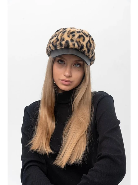 Saria Moda Leopar Desen Deri Siperlik Kadın Kep ürün görseli 1