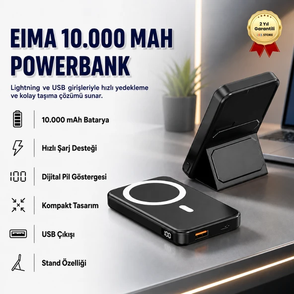 10.000mAh Dijital Göstergeli Taşınabilir 22.5W Hızlı Şarjlı Telefon Standlı Powerbank 200g Hafiflikte Ofis, Seyahatte, Alışverişte Kullanıma Uygun Şık Magsafe Powerbank ürün görseli 1
