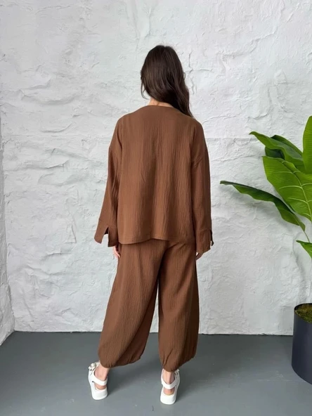 Kahve Nakış İşlemeli Müslin Kimono - Resim 4