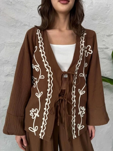 Kahve Nakış İşlemeli Müslin Kimono - Resim 2