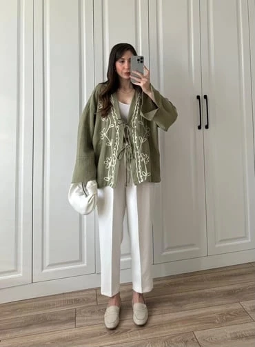 Haki Nakış İşlemeli Müslin Kimono ürün görseli 1