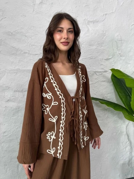 Kahve Nakış İşlemeli Müslin Kimono ürün görseli 1