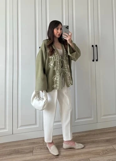 Haki Nakış İşlemeli Müslin Kimono - Resim 3