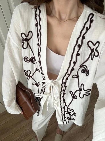 Krem Nakış İşlemeli Müslin Kimono - Resim 4