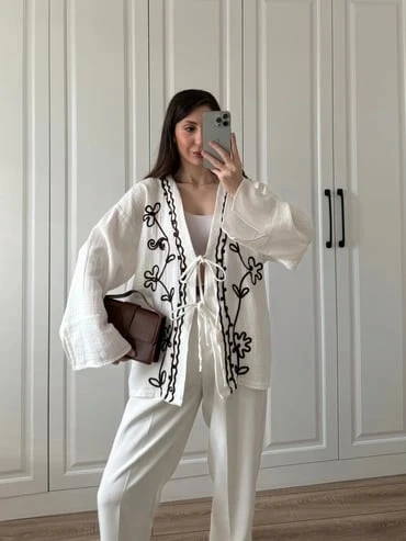 Krem Nakış İşlemeli Müslin Kimono - Resim 2