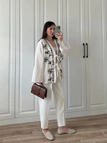 Krem Nakış İşlemeli Müslin Kimono - Resim 3