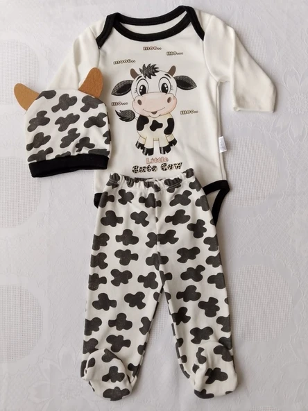 Bızdık Bebe Bızdık Inek Baskılı Çıtçıtlı Zıbın Patikli Pantolon Şapkalı Bebek Takımı ürün görseli 1