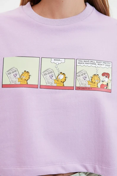 Lila Lisanslı Garfield Baskılı Crop Örme İnce Sweatshirt - Resim 3