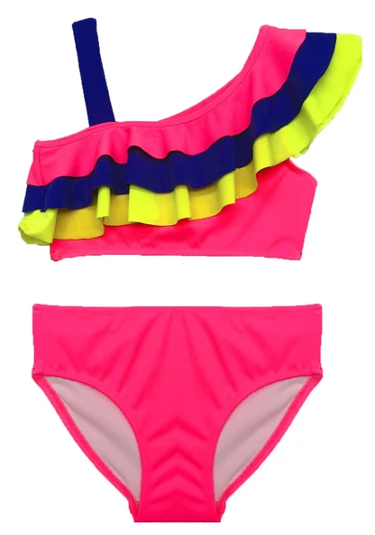 Neon pembe renkli volanlı kız çocuk bikini takım DB200617BT ürün görseli 1