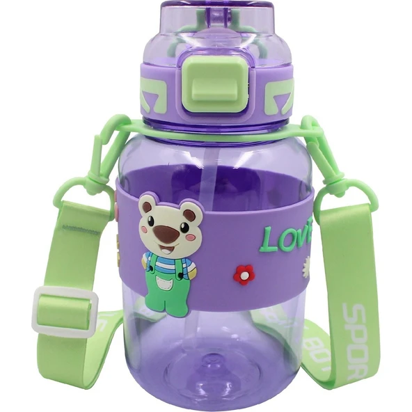 Noki Kids Kilitli Kapak Pipetli Askılı Ayıcıklı Matara 800 ml Mor ürün görseli 1