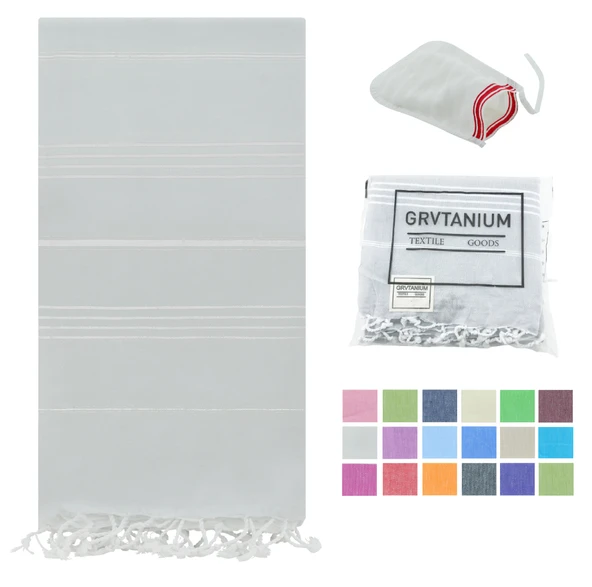 GRVTANIUM Açık Gri %100 Pamuk 180x100cm Peştemal Püsküllü Banyo,Plaj,Hamam Havlusu Kese Hediyeli M2 ürün görseli 1