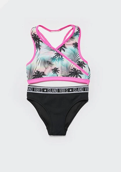Palmiye baskılı halter kesim kız çocuk bikini takımı DB200723BT ürün görseli 1