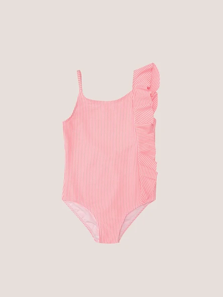 Coral beyaz çizgili fırfırlı kız çocuk mayo DB200791CM ürün görseli 1