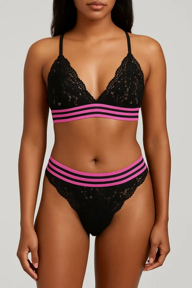 SİYAH PEMBE ÇİZGİLİ LASTİKLİ FULL DANTEL BRALET TAKIM DS20095BRT ürün görseli 1
