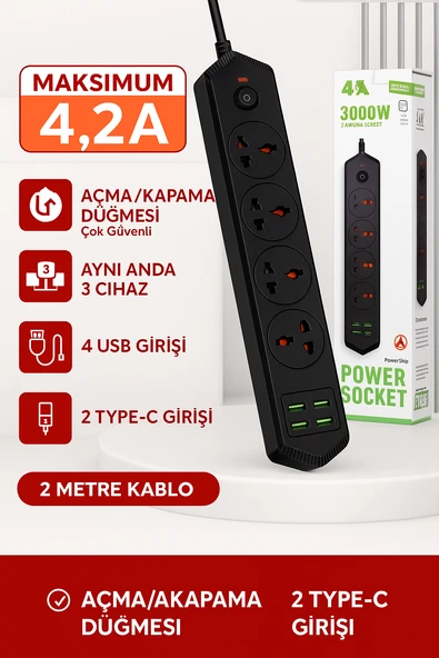 4 FİŞ 4 USB 2 Typ-C Girişli Akım Korumalı Priz  3000W Güç, Maksimum Verim ürün görseli 1