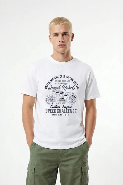 Erkek %100 Pamuk Bisiklet Yaka Motor Baskılı T-shirt ürün görseli 1
