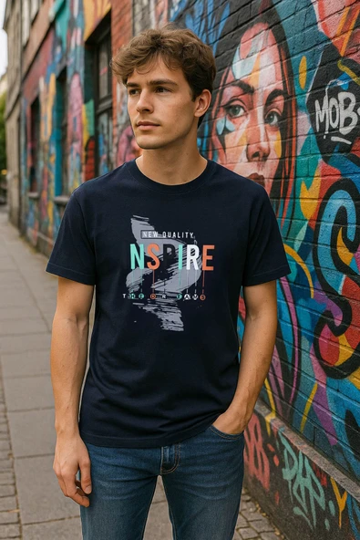 Erkek %100 Pamuk Bisiklet Yaka Yazı Baskılı T-shirt ürün görseli 1