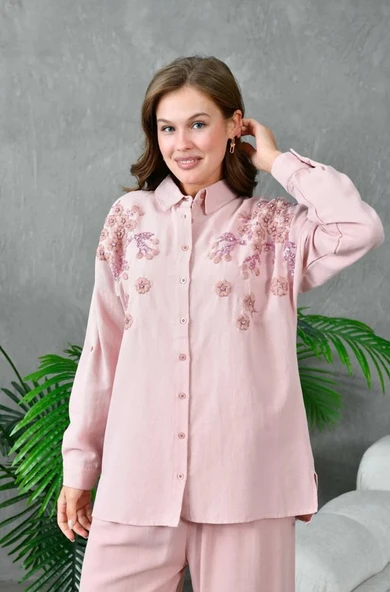 Kadın Nakış İşlemeli Keten Oversize Düğmeli Gömlek - Resim 5