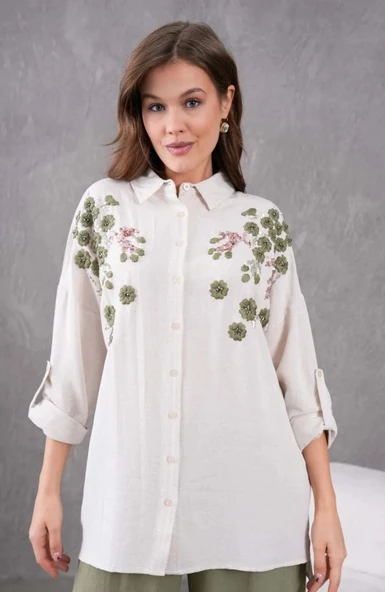 Kadın Nakış İşlemeli Keten Oversize Düğmeli Gömlek - Resim 7