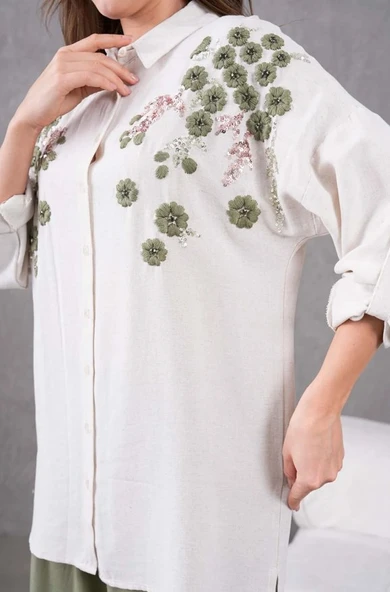 Kadın Nakış İşlemeli Keten Oversize Düğmeli Gömlek - Resim 11
