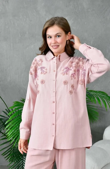 Kadın Nakış İşlemeli Keten Oversize Düğmeli Gömlek ürün görseli 1