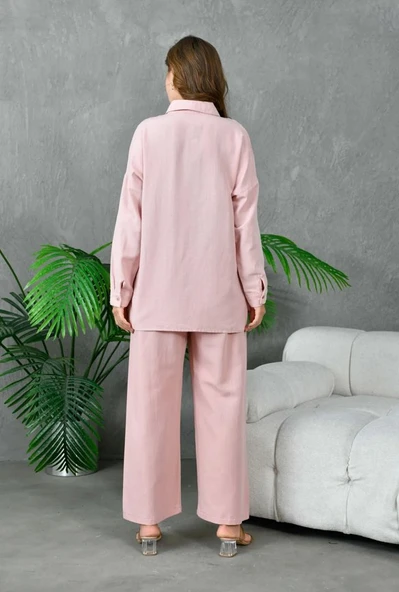 Kadın Nakış İşlemeli Keten Oversize Düğmeli Gömlek - Resim 3