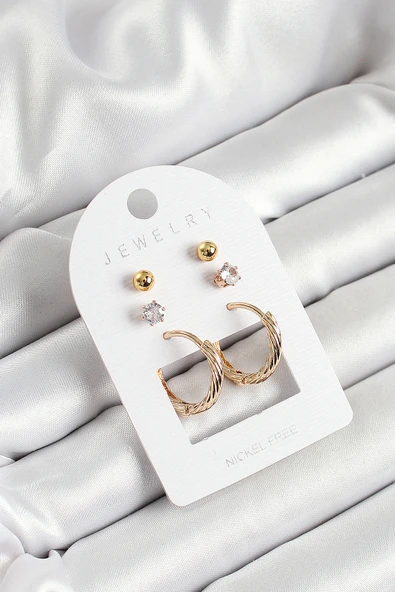 Pirinç Zirkon Taş Ve Halka Figürlü Gold Renk 3'lü Çift Kadın Küpe Set - EBJ250530W34478 ürün görseli 1