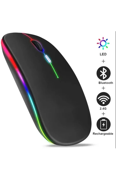 Plentiful Rgb Işıklı Şarjlı Kablosuz 2.4G+Bluetooth Mouse Sessiz Siyah ürün görseli 1