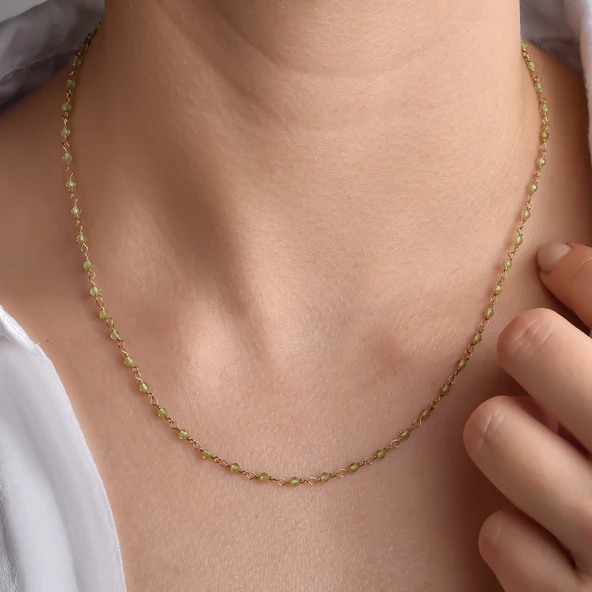 14K Altın Kaplama Peridot Taşlı Rosary Zincir Gümüş Kolye Açık Yeşil Doğum Taşı - CNS00629 ürün görseli 1