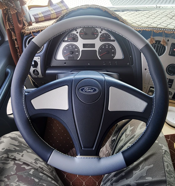DİKİŞLİ DİREKSİYON KILIFI SİYAH DERİ GRİ DERİ GRİ DİKİŞLİ FORD TIR KAMYON İÇİN ürün görseli 1