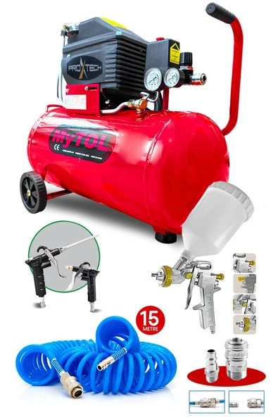 PROXTECH En Çok Tercih Edilen 2HP 50 Litre 8Bar Hava Kompresörü Boya Tabancası ,15Mt Spiral Hortum Boya Set ürün görseli 1