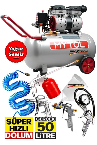 PROXTECH Süper Hızlı Sessiz Dolum 1Hp Gerçek 50lt Bakır Sargı Motor Hava Kompresörü Havalı Combo Set ürün görseli 1
