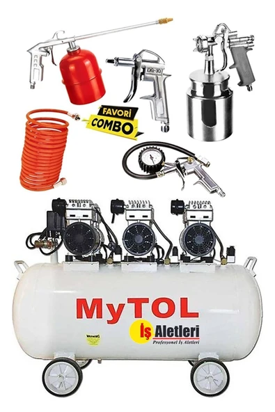MYTOL 100 Litre Sessiz Yağsız Hava Kompresörü 3,3 Hp Medikal Yağsız Kompresör Ve Havalı Alet Seti ürün görseli 1