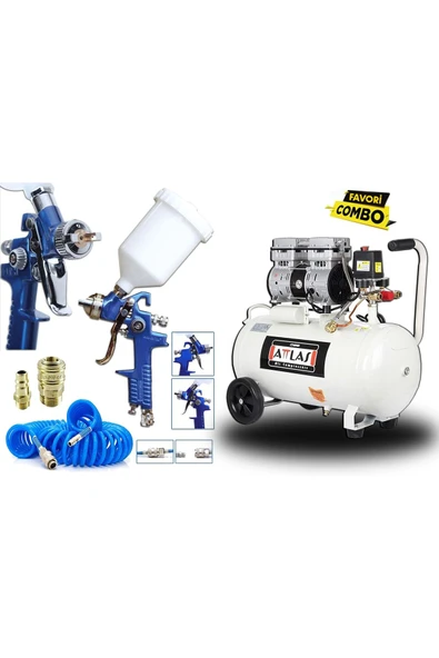 Attlas 50 Litre Yağsız Sessiz Hava Kompresörü Ve Süper Kalitede Boya Tabanca Seti ürün görseli 1