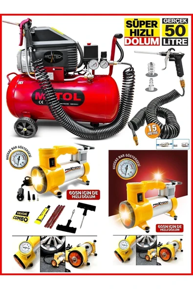 PROXTECH 50 Litre Yağlı Sesli Hızlı Hava Kompresörü 2Hp 8 Bar ve Çakmaklığı Takılan Mini Araç Kompresörü ürün görseli 1
