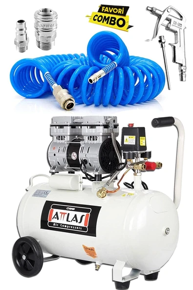 Attlas 50 Litre Yağsız Sessiz Hava Kompresörü Medikal Kompresör Ve 15 Metre Sprel Hava Hortumu Seti ürün görseli 1