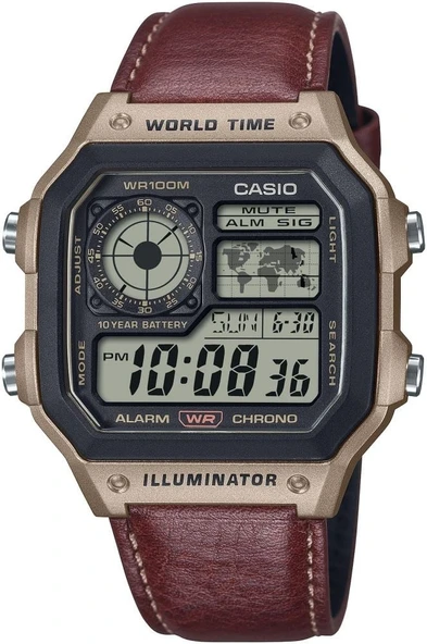 CASIO AE-1200WHL-5AVDF KAHVERENGİ DERİ KORDON DİJİTAL KARE ERKEK KOL SAATİ ürün görseli 1