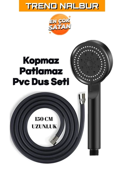 Canero 5 Fonksiyonlu Mafsallı Mat Siyah Duş Başlığı Seti, Mat Siyah Duş Başlığı - Pvc Hortum Duş Seti ürün görseli 1