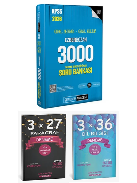 Pegem + Anla Kazan 2026 KPSS Ezberbozan 3000 Soru + Paragraf Deneme + Dil Bilgisi Deneme 3 lü Set ürün görseli 1