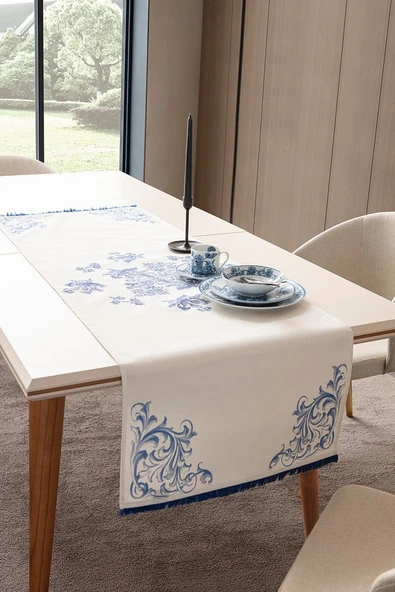 Elysian Blue Premium Serisi Duck Keten Runner, Kaymaz, 45x140 ürün görseli 1
