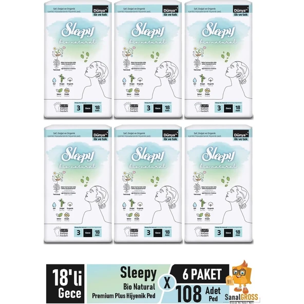 Sleepy Bio Natural Premium Plus Hijyenik Ped 18'li Gece x 6 Paket ürün görseli 1